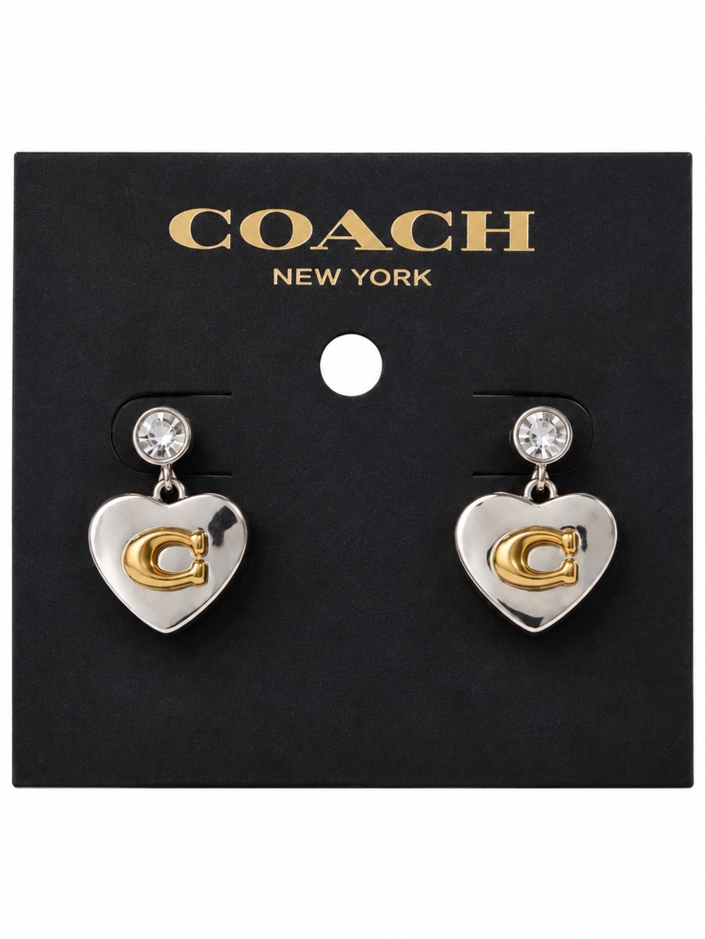 COACH Two-Tone Heart Drop Earrings with Crystal Studs